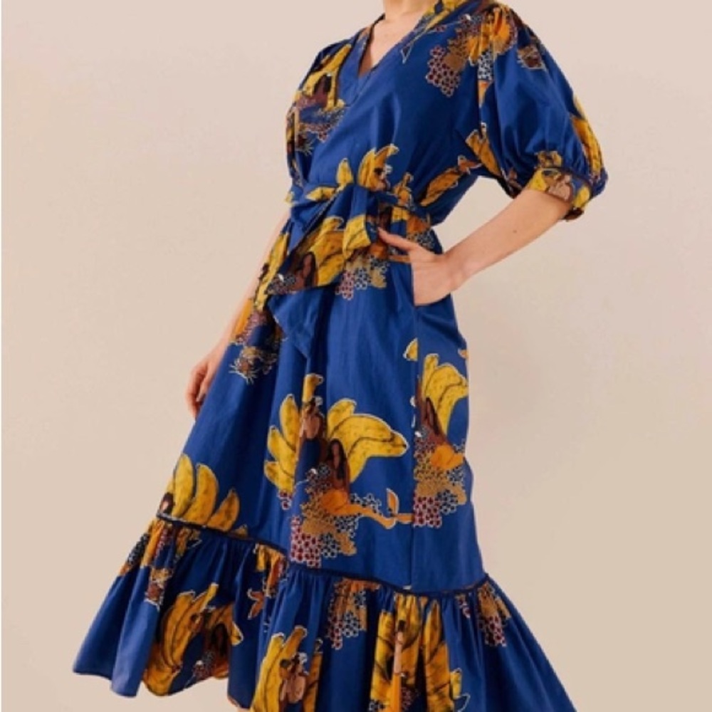 NWT FARM Rio Blue Mermaid Bananas Ankle Ruffle Dress Medium